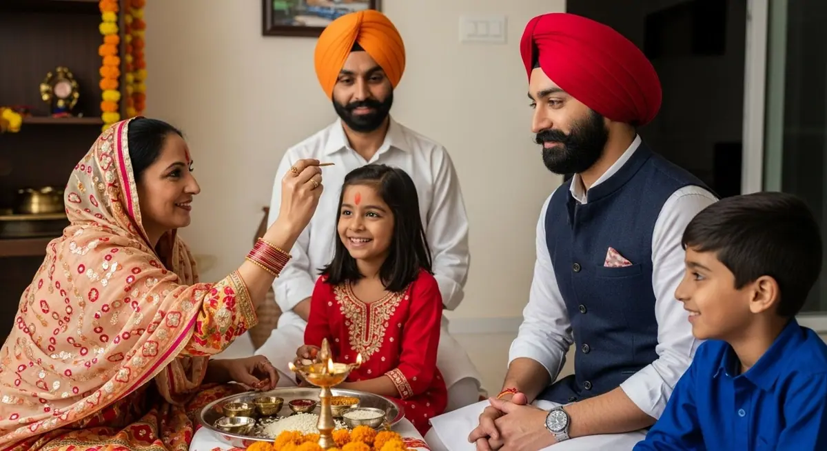 Punjabi family eating a home-cooked thali together in their home