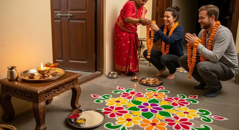 Voyageurs savourant un repas fait maison avec une famille indienne