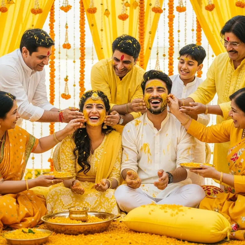 Haldi-Zeremonie bei einer nordindischen Hindu-Hochzeit