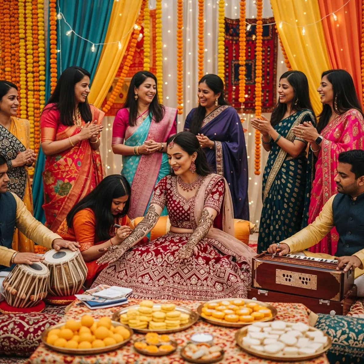 Bride having intricate henna applied at a North Indian Mehendi ceremony