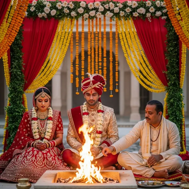 Agni Pheras (Runden um das heilige Feuer) bei einer königlichen Hochzeit in Rajasthan