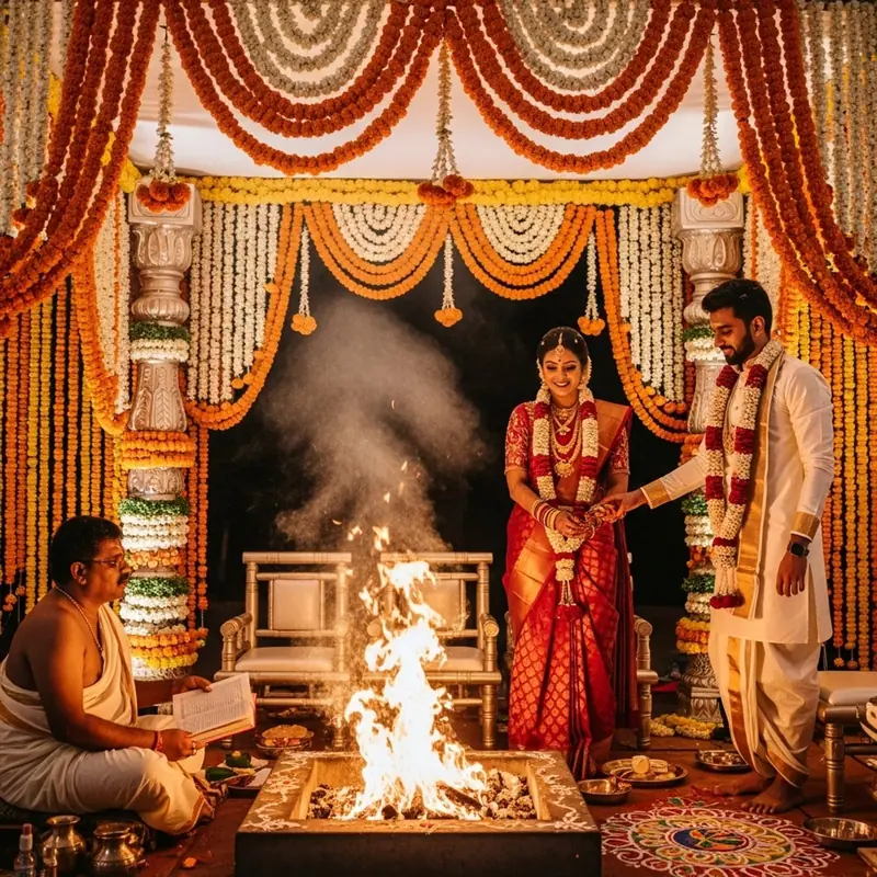 Agni Pradakshinam (tours autour du feu sacré) lors d'un mariage du Sud de l'Inde