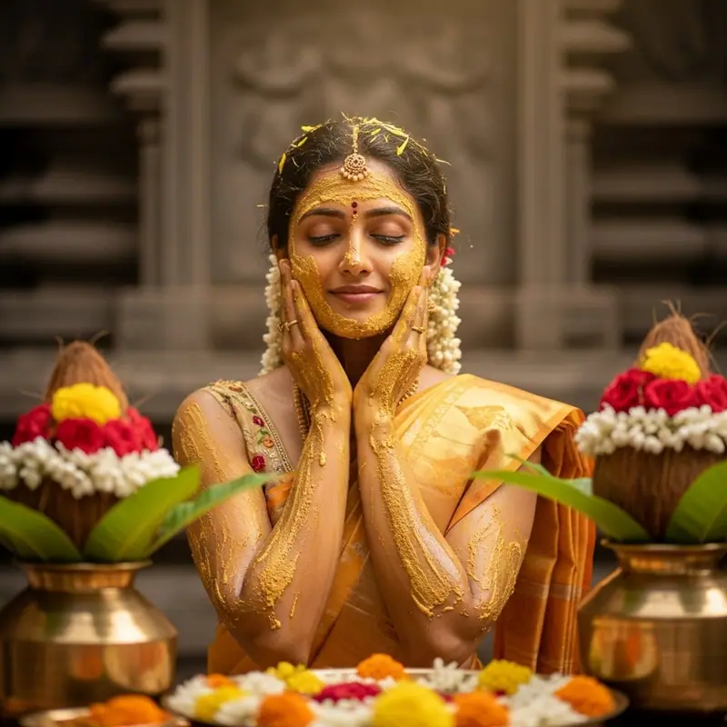 Mangala Snanam (bain sacré de purification) lors d'un mariage du Sud de l'Inde