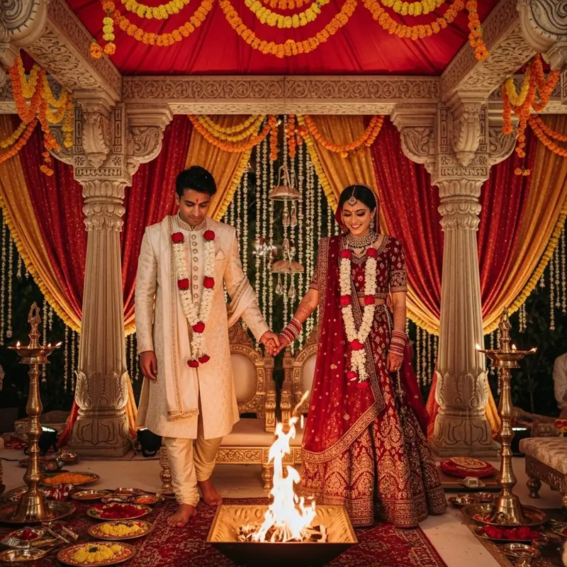 Saptapadi (les sept pas ensemble) lors d'un mariage du Sud de l'Inde