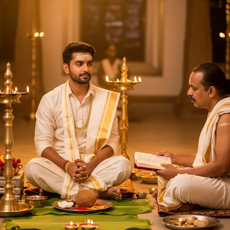 Vratham (rituel des vœux avant le mariage) lors d'un mariage du Sud de l'Inde